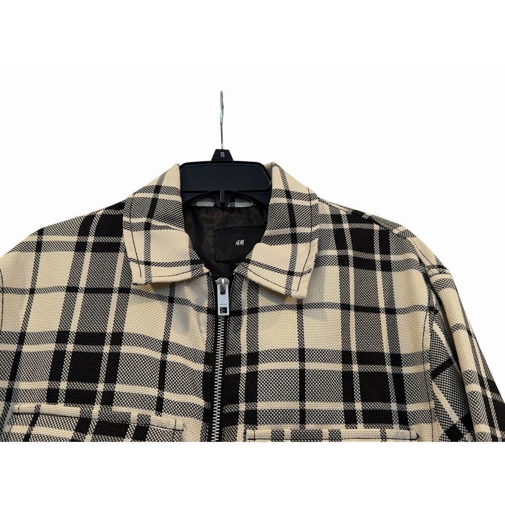 H&M Men's Black & Cream Plaid Full Zipper Jacket /Shacket Size M Oversized - Picture 3 of 13